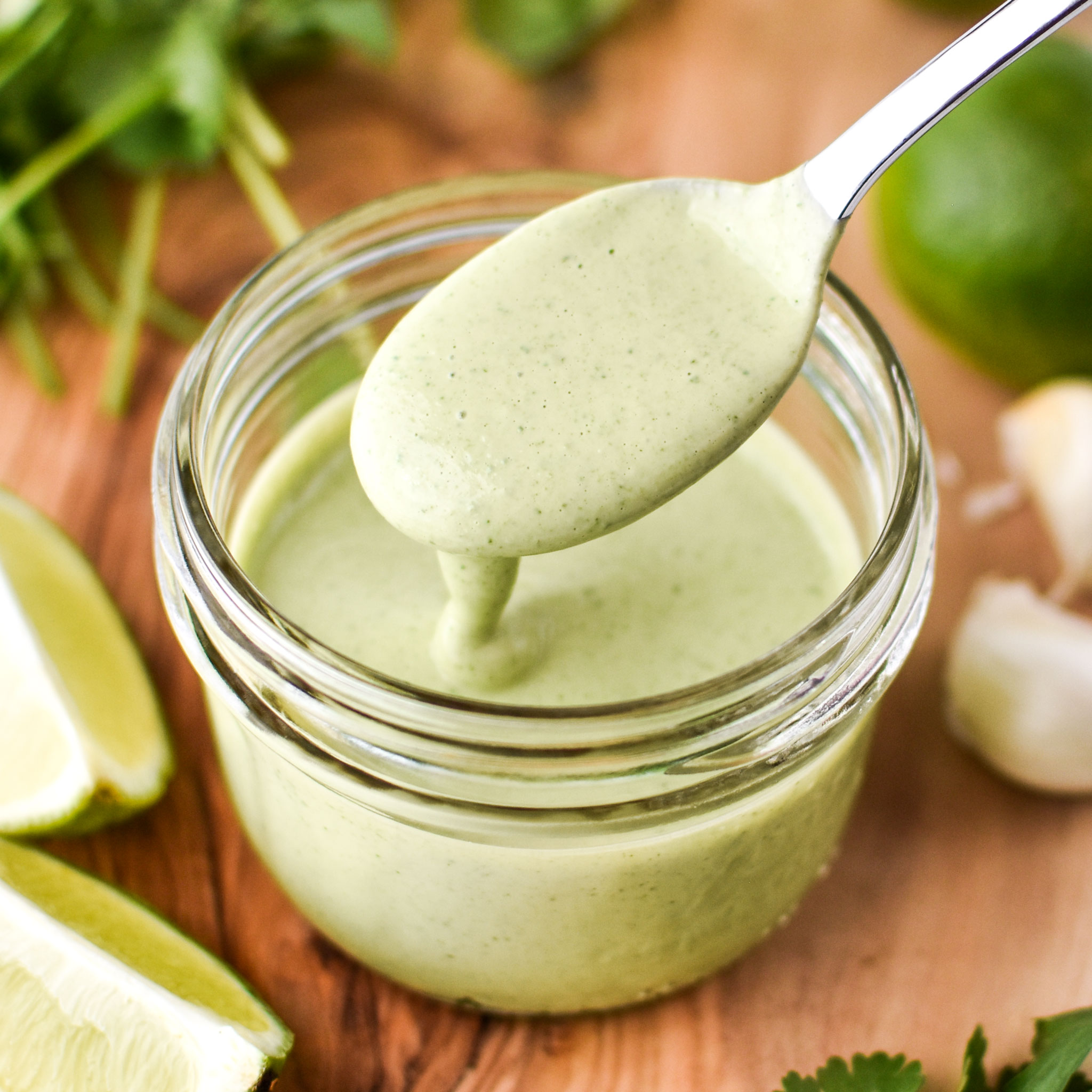 Cilantro lime tahini dressing freshly made and ready to be used for salads and veggies