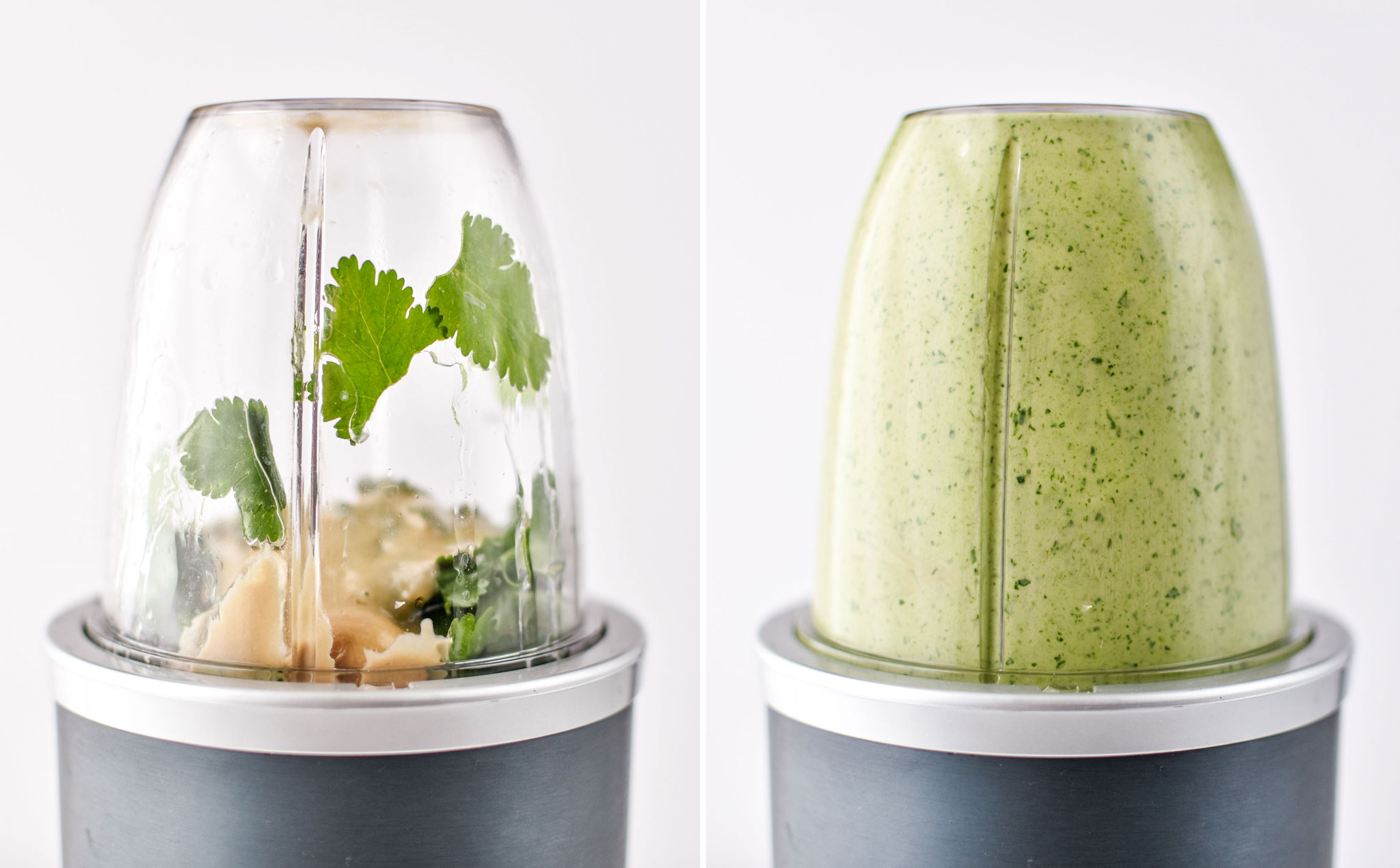 Before and after blending up the cilantro lime tahini dressing in a nutribullet
