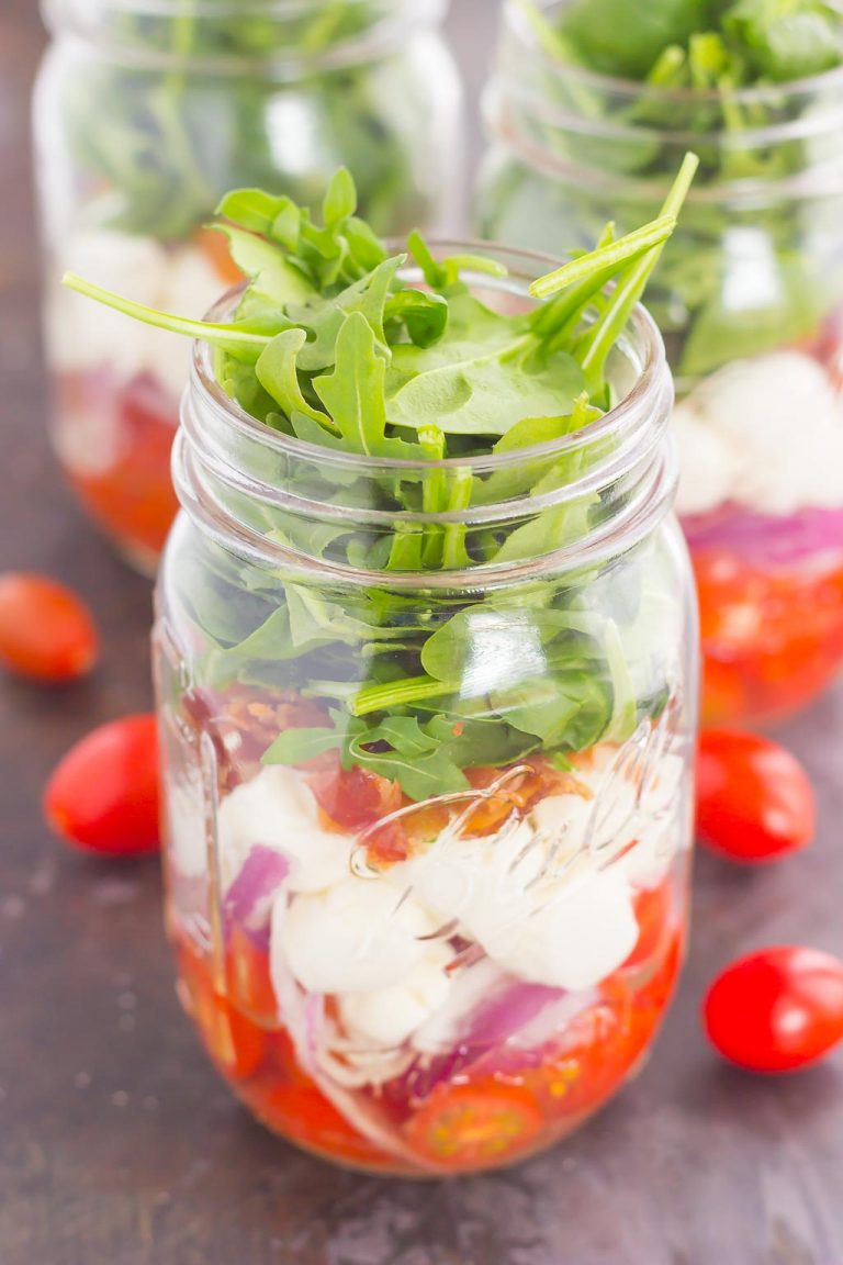 10 Simple Mason Jar Salads To Meal Prep For Lunch Project Meal Plan   Caprese Mason Jar Salad 2 768x1152 