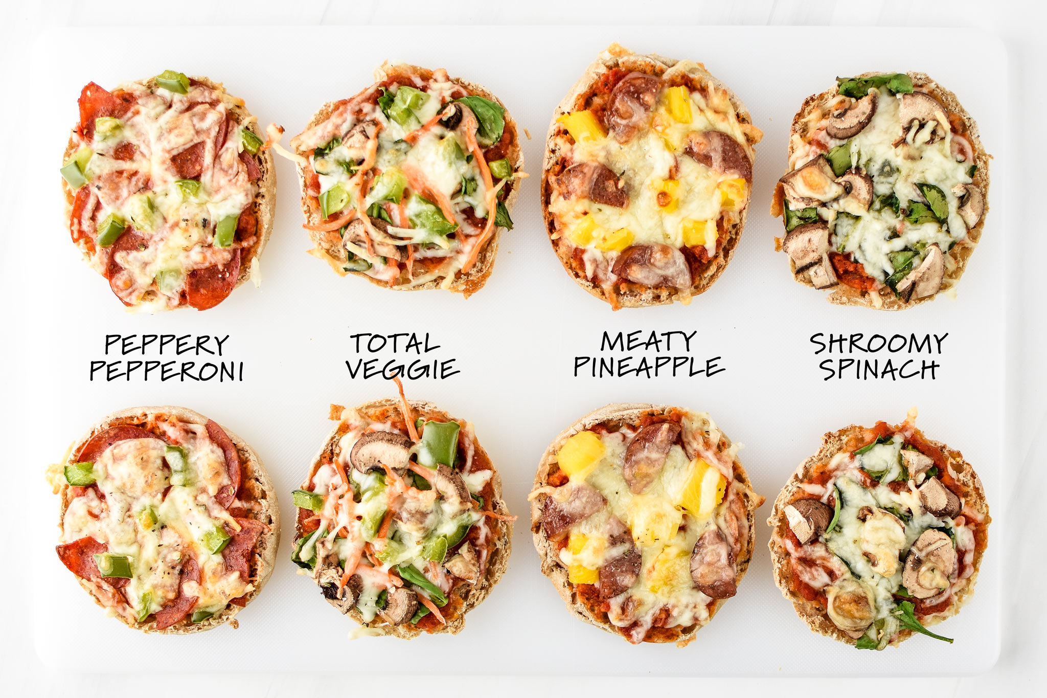 Four kinds of english muffin mini pizzas to try for lunch meal prep!