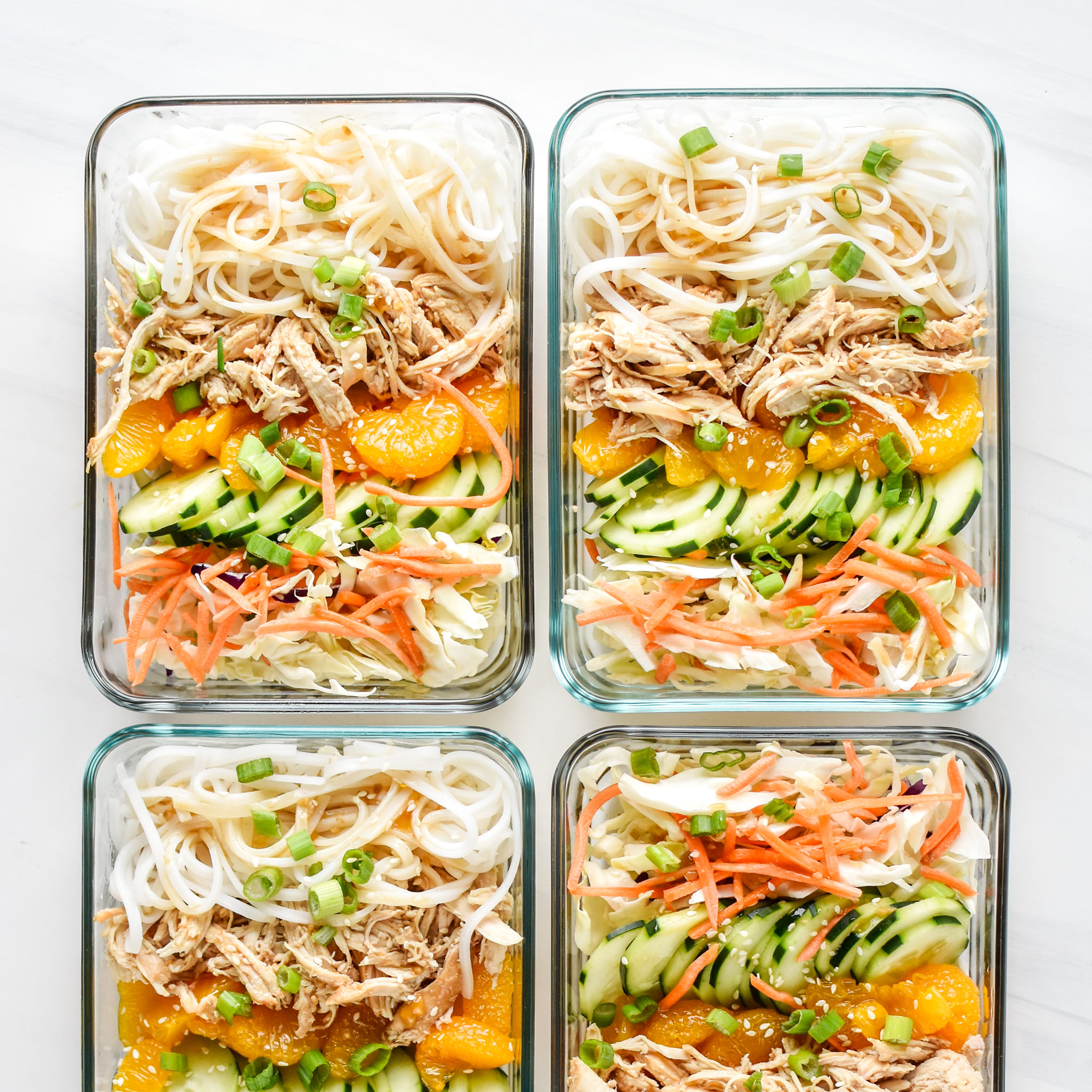 Sesame chicken Cold Rice Noodle Salad Lunches from above in meal prep containers