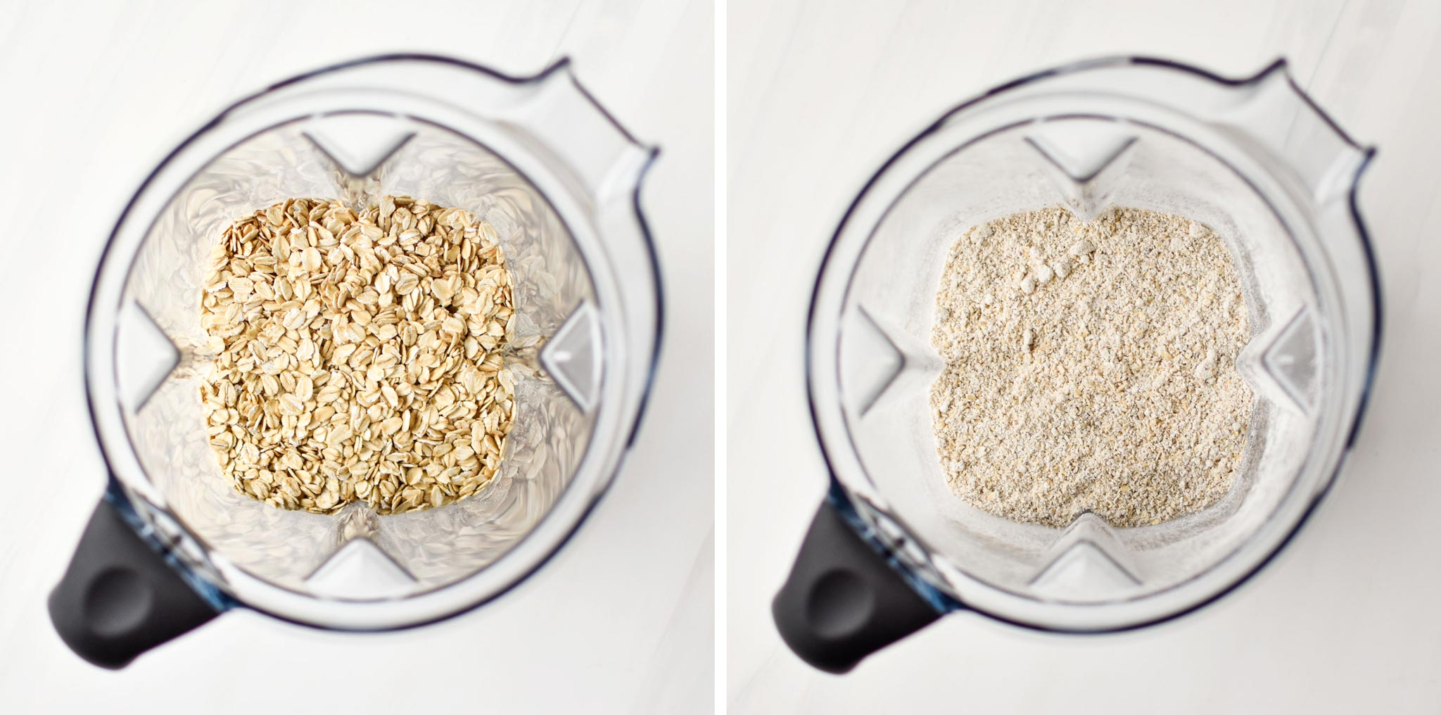 turning rolled oats into oat flour for the chocolate spinach blender muffins