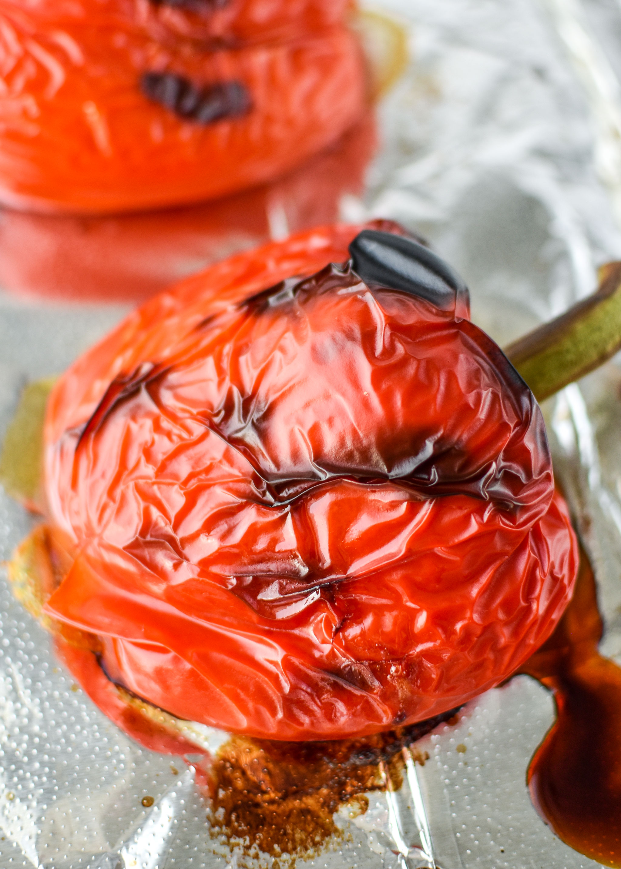 roasted red bell peppers with wrinkly and charred skin