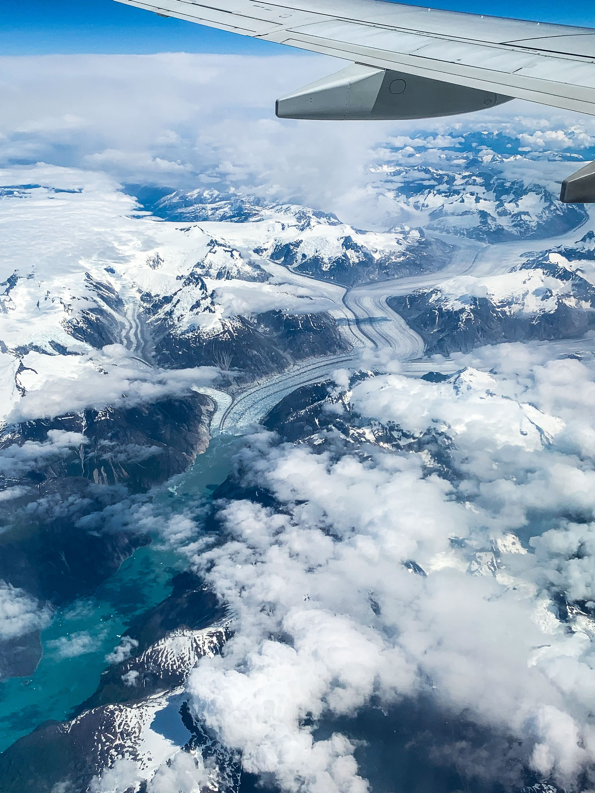 glaciers and glacier valleys in alaska from the plane