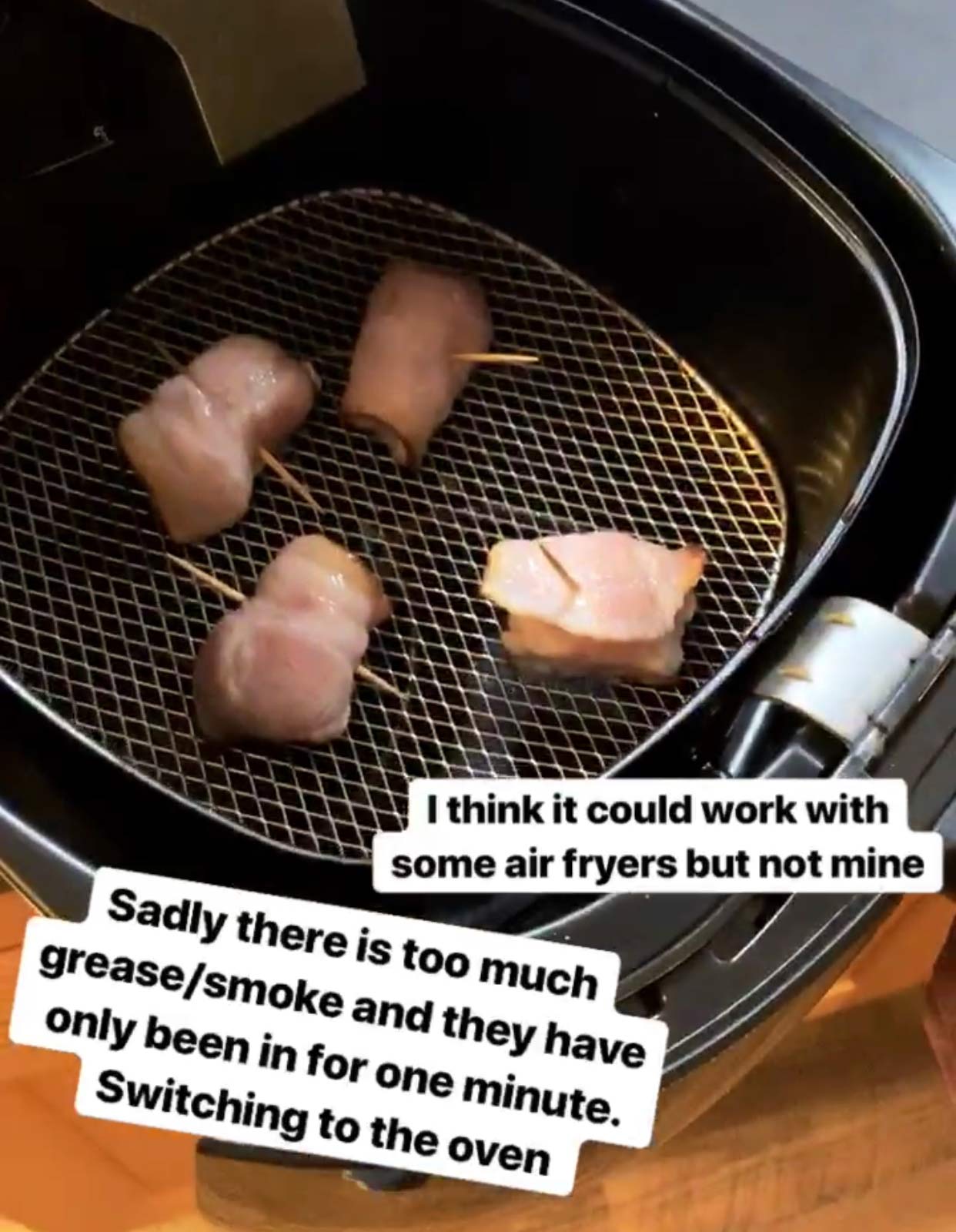 an image from my instagram story where I'm attempting to cook bacon wrapped chicken bites in my air fryer