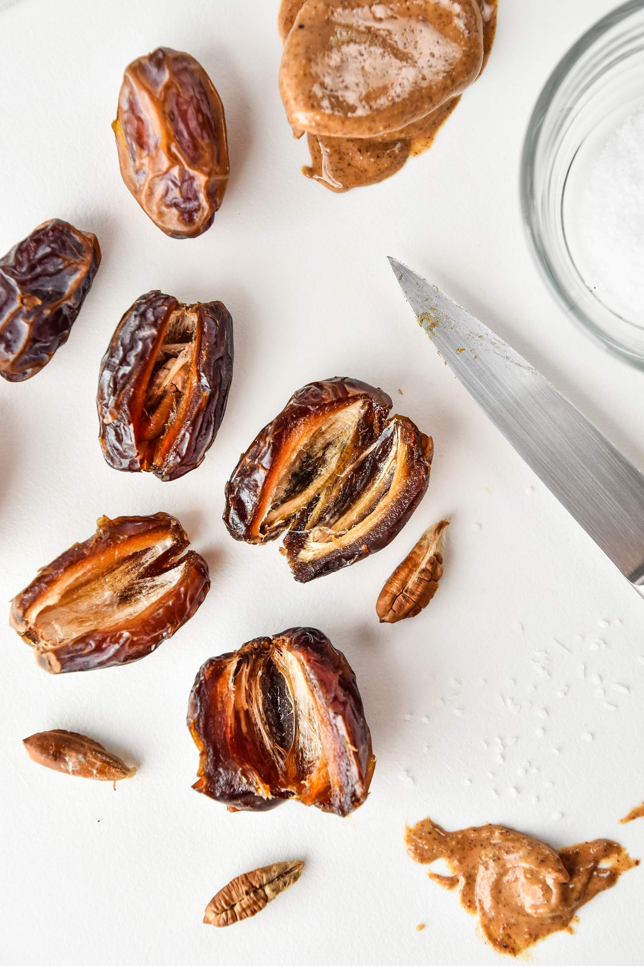 medjool dates with the pits removed ready to be stuffed with almond butter