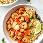 air fryer shrimp and vegetables with rice in a bowl