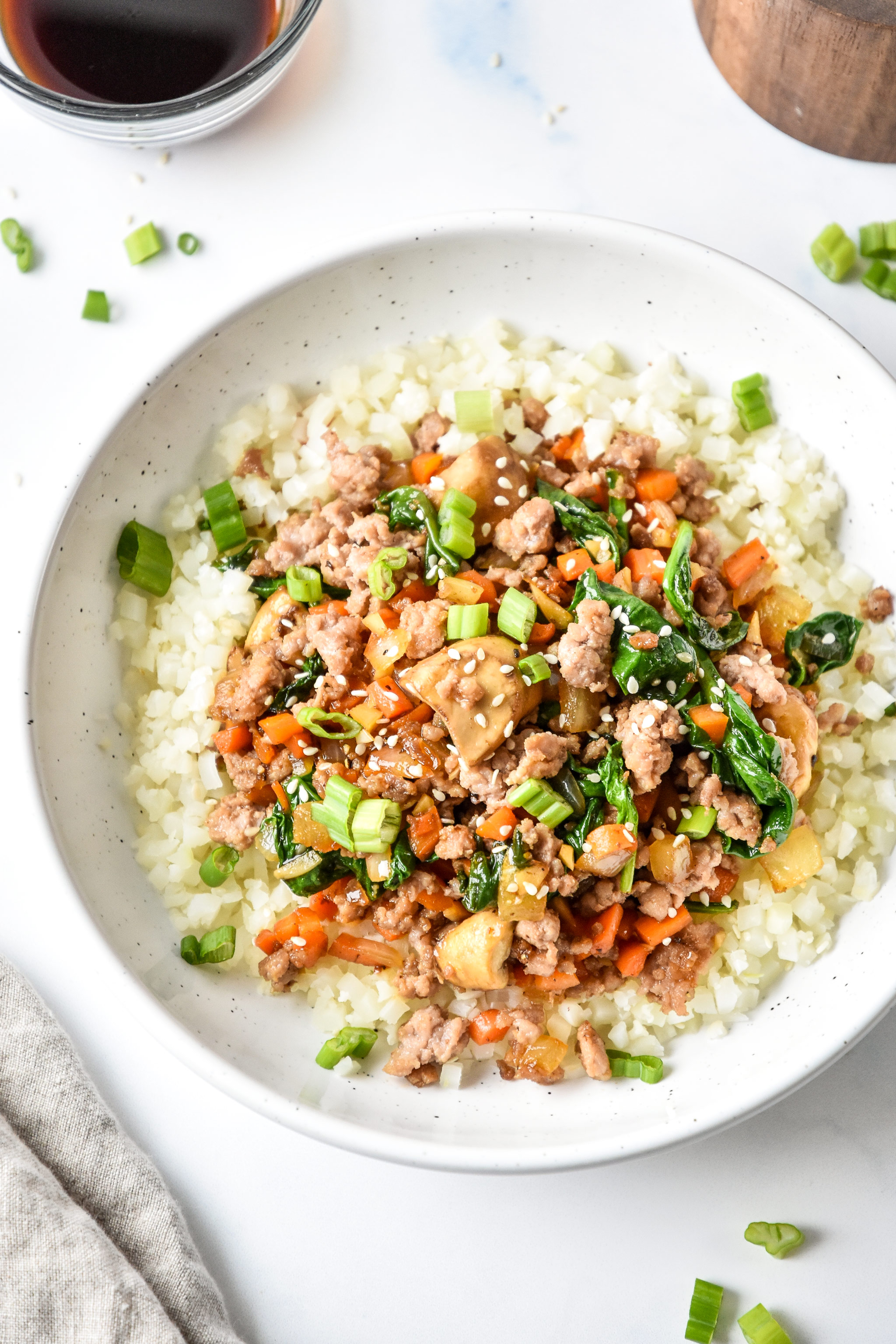 one serving vegetable pork bowl pictured from above