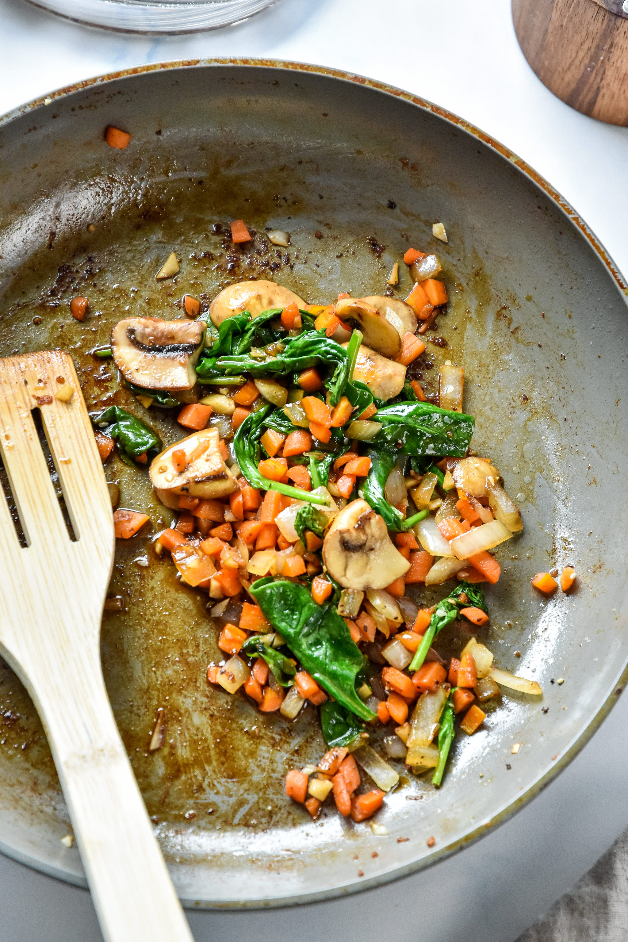 cooked veggies in a pan for the one serving vegetable pork bowl