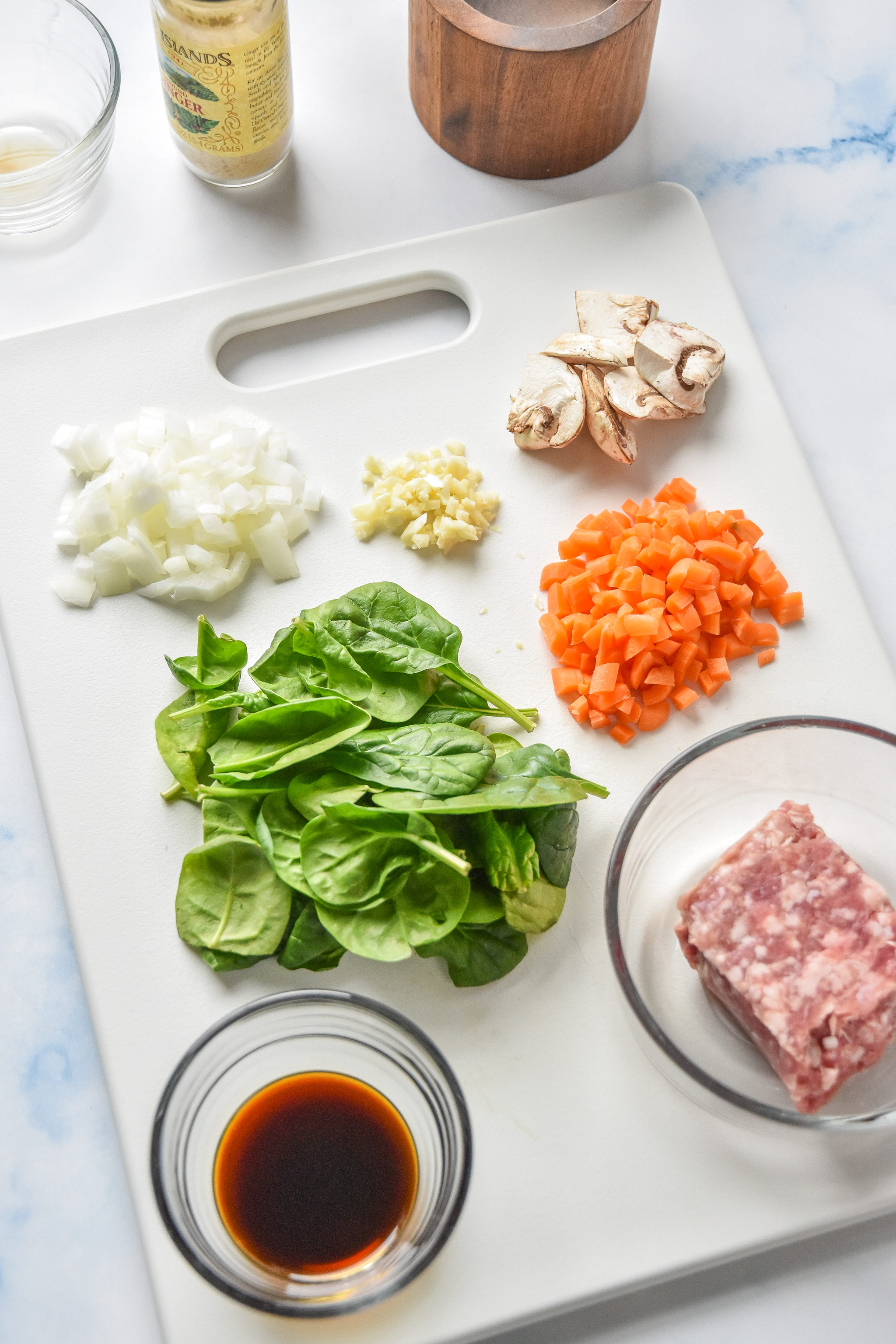 ingredients before cooking for the one serving vegetable pork bowl