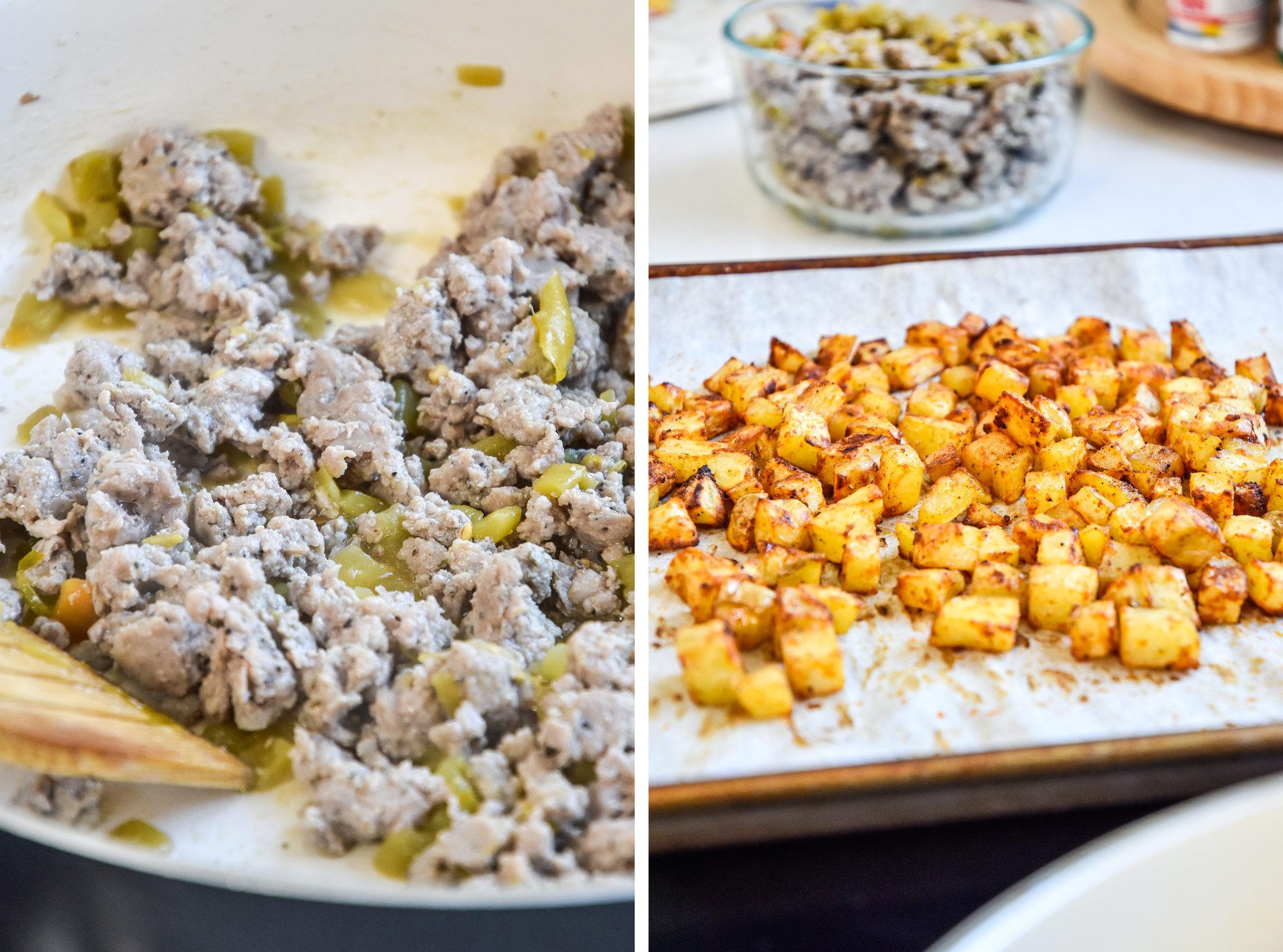 the cooked ground meat and cooked potatoes for the air fryer breakfast burritos