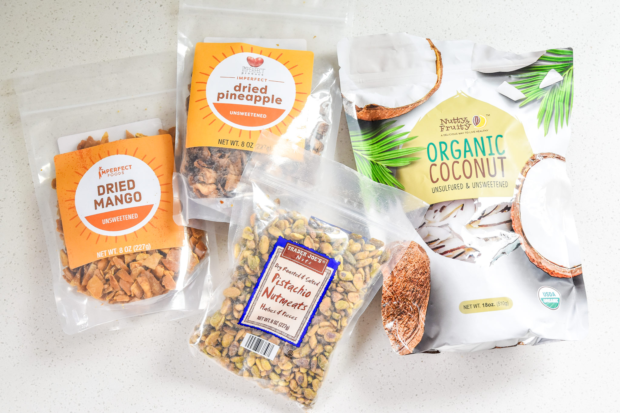 ingredients in the packaging for the tropical dried fruit trail mix
