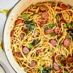 one pot italian sausage pasta just cooked in a big pot