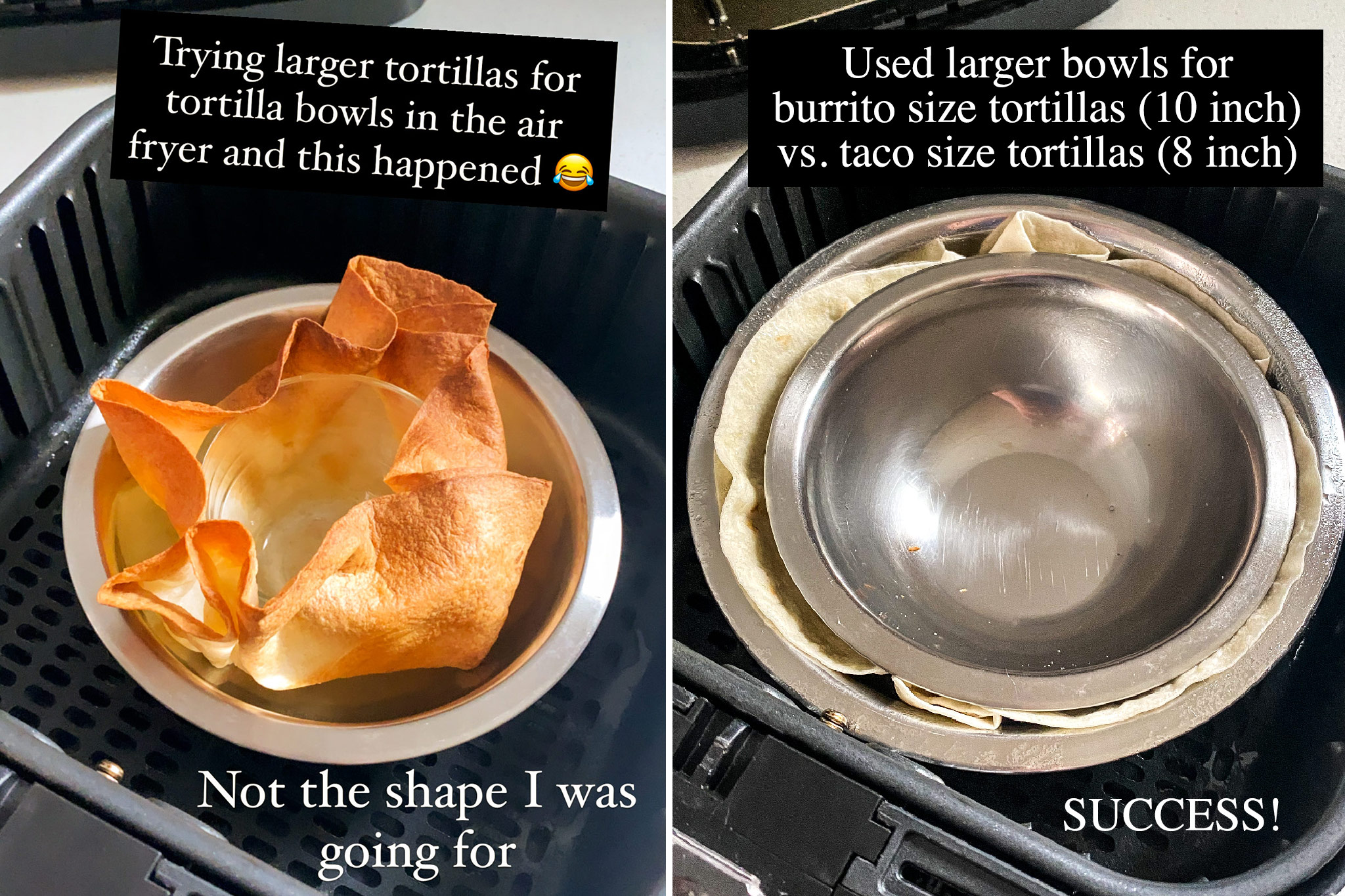 a test using a large burrito size tortilla in an air fryer