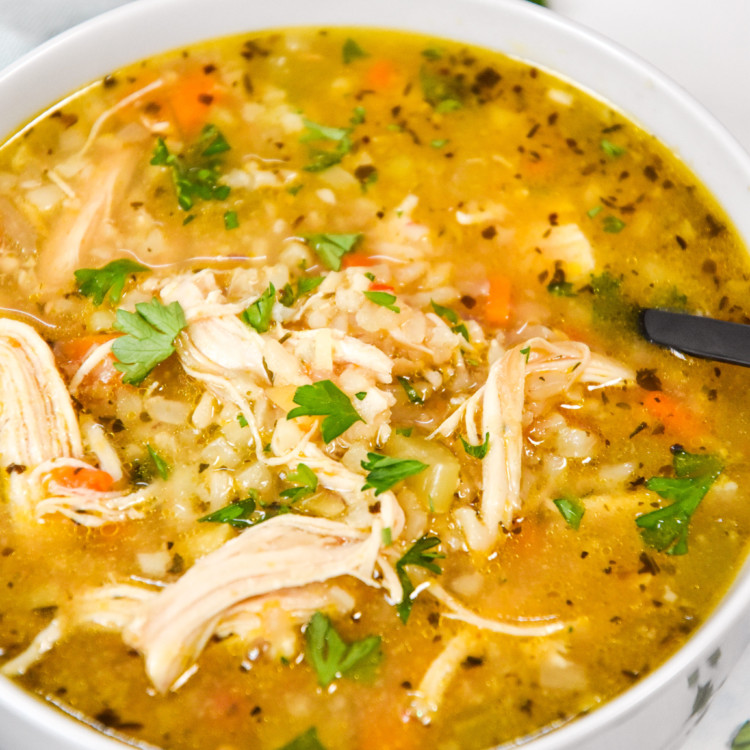 close up bowl of chicken and rice soup.