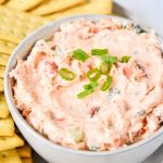hot smoked salmon cream cheese dip being served in a bowl with crackers.