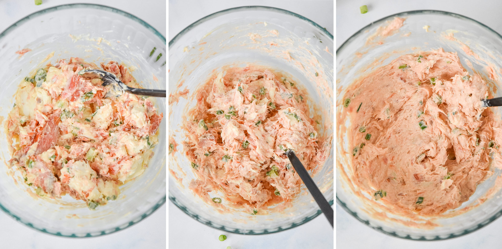 three photos of the hot smoked salmon cream cheese dip being stirred up.