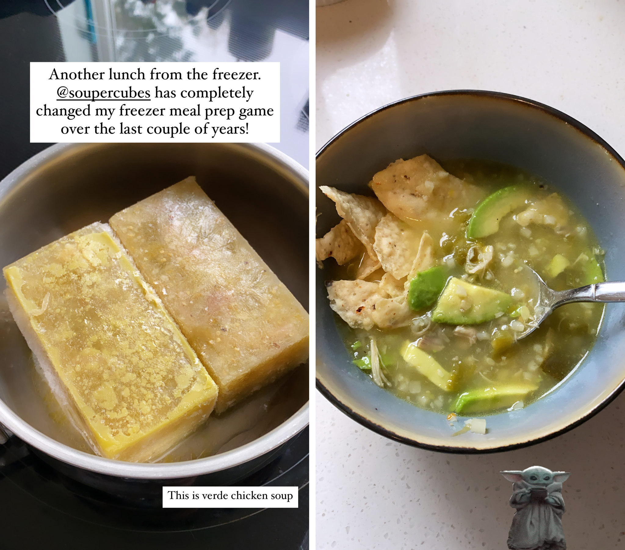 before and after heating cubes of soup on the stove top.