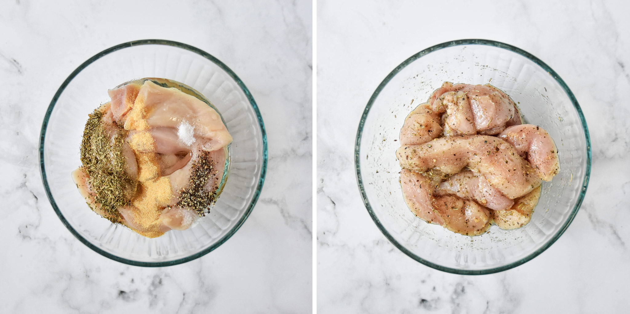 before and after mixing the ingredients to marinate the air fryer chicken tenders.
