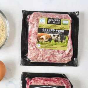 one pound of ground pork in a butcherbox package.