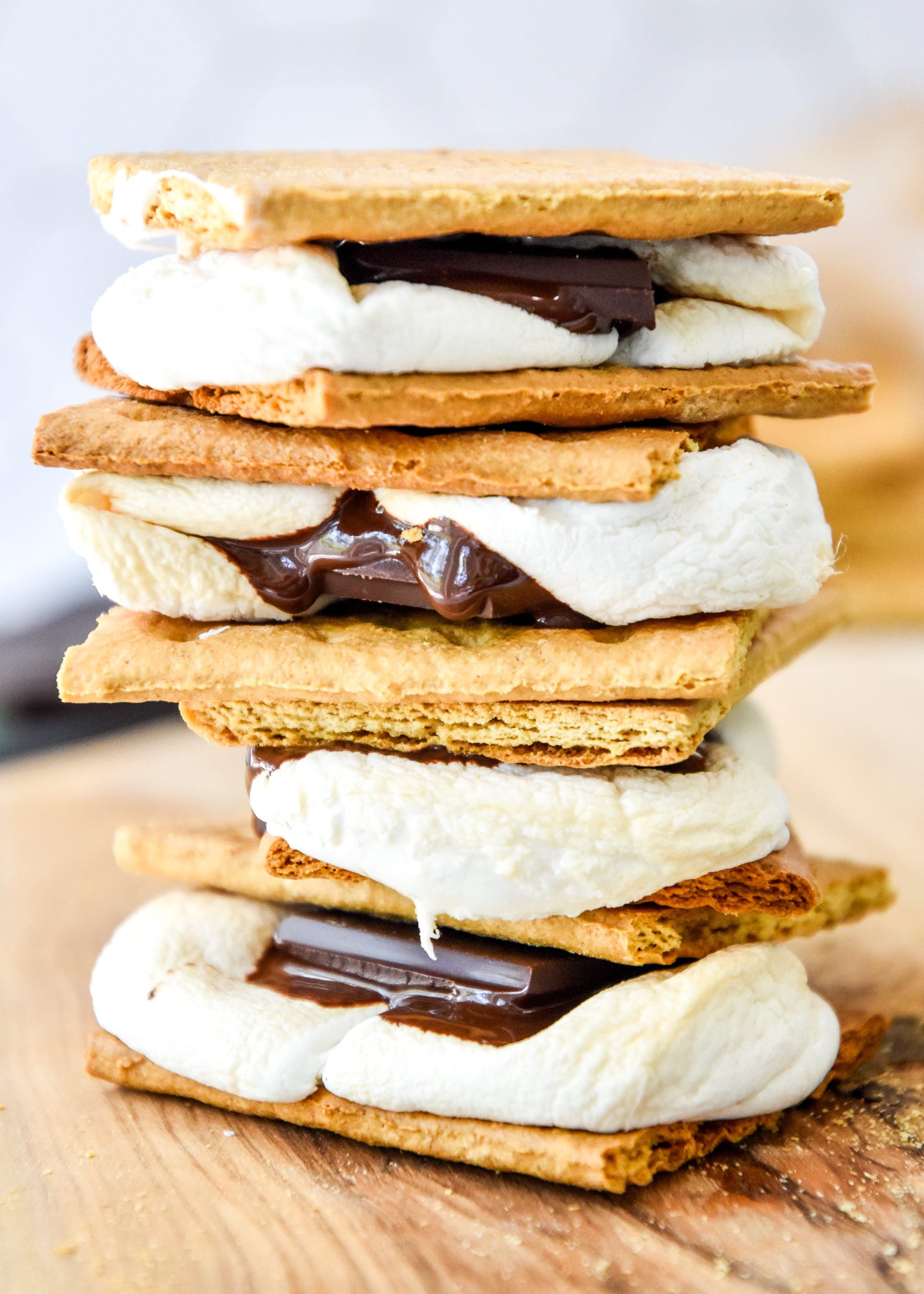 air fryer s'mores freshly made stacked on top of each other.