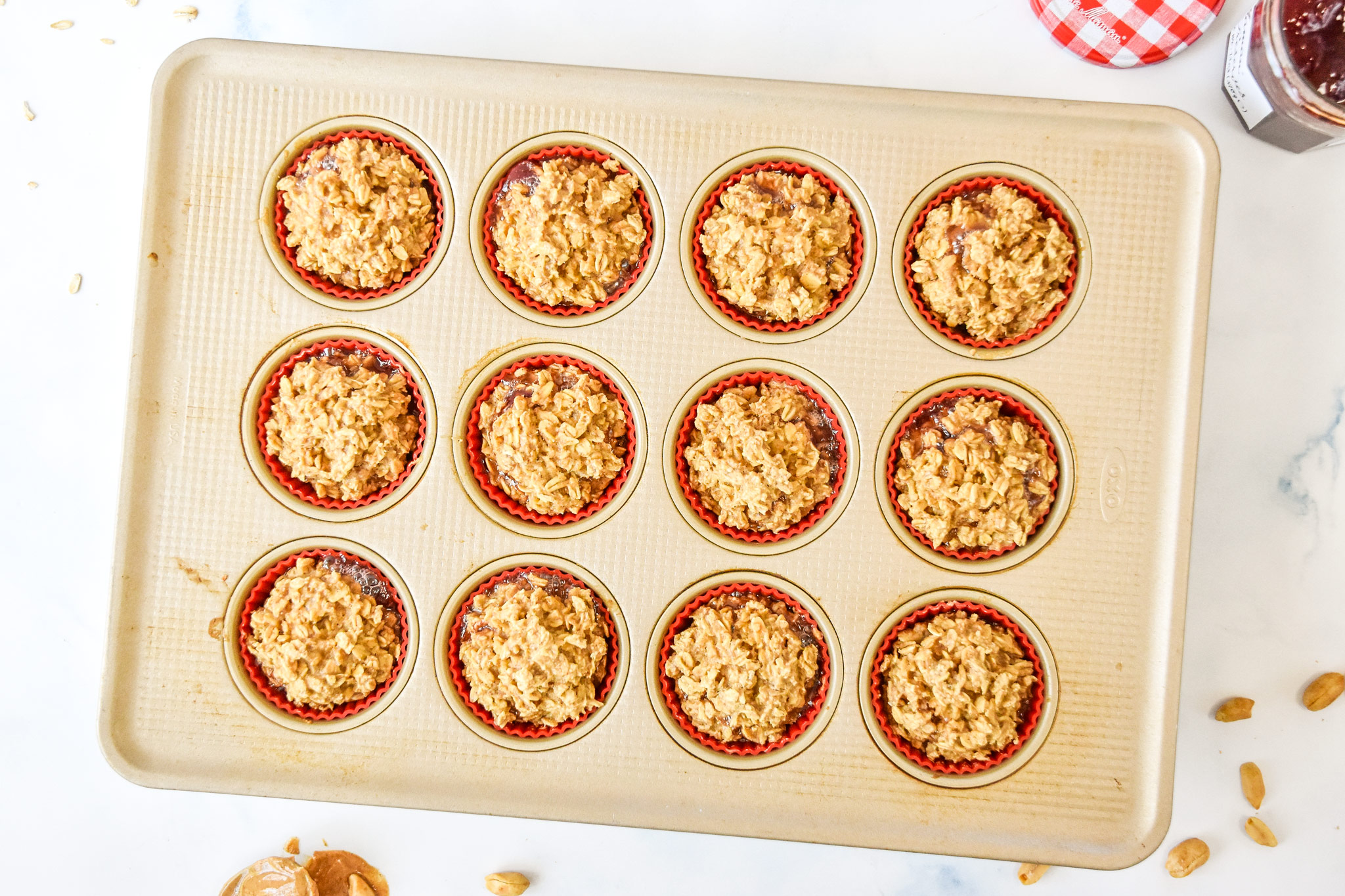 peanut butter & jelly baked oatmeal cups fresh from the oven.