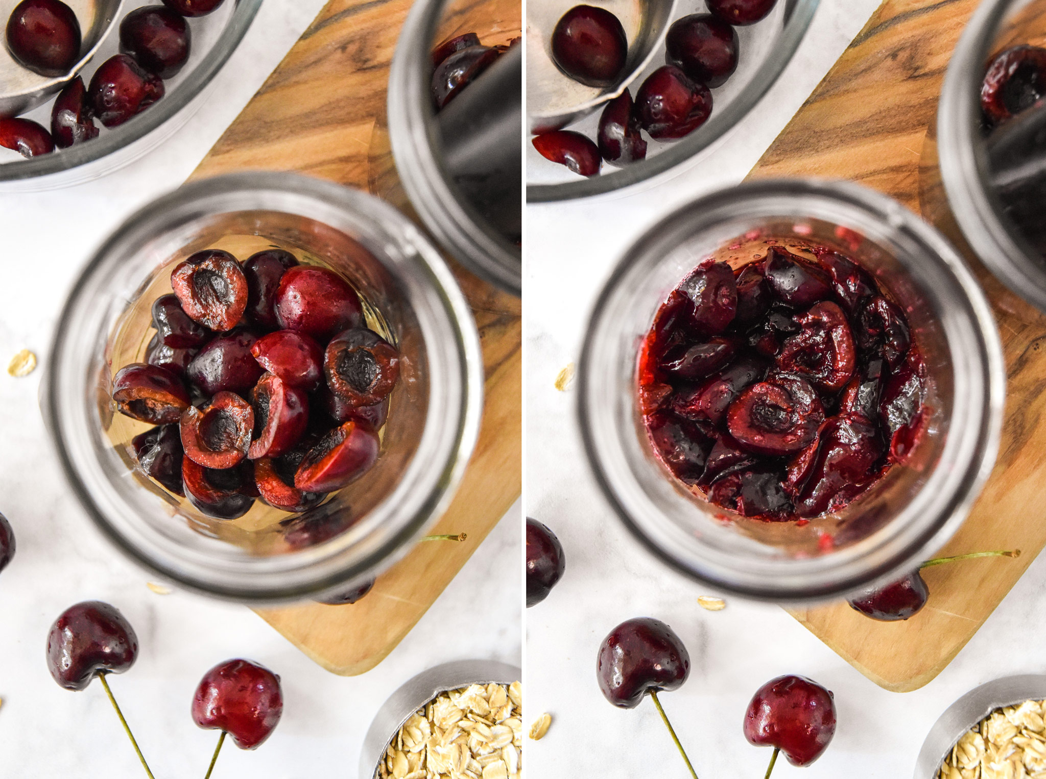 before and after muddling the cherries for the overnight oats.