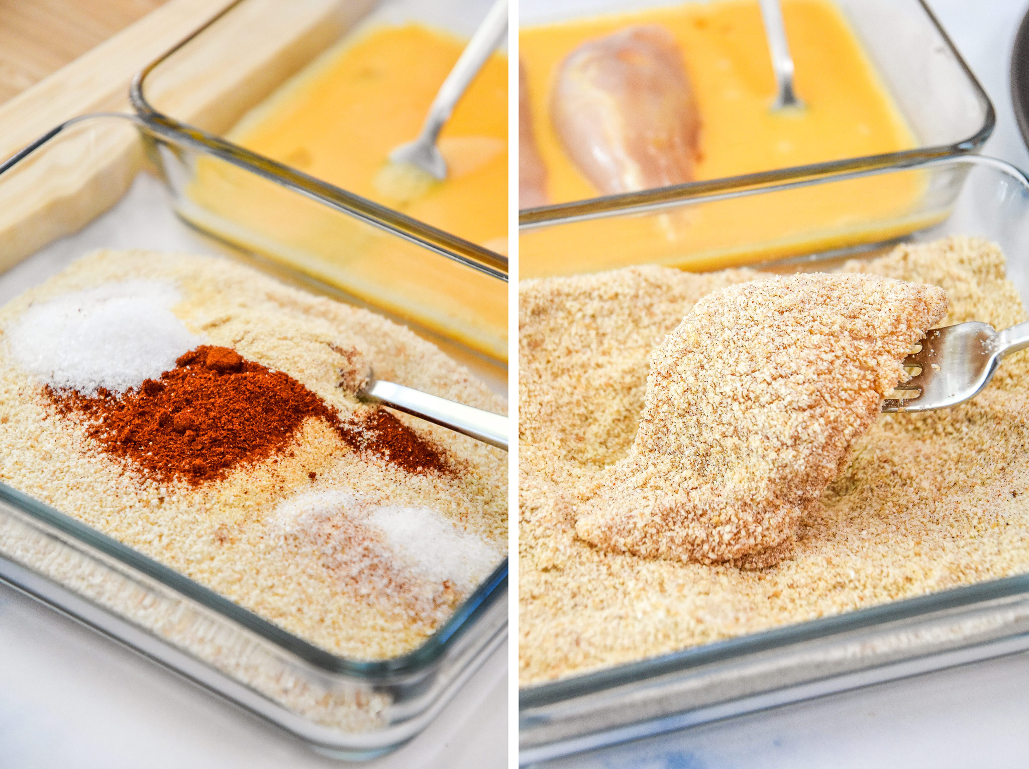 breading the chicken tenders with bread crumbs and spices.