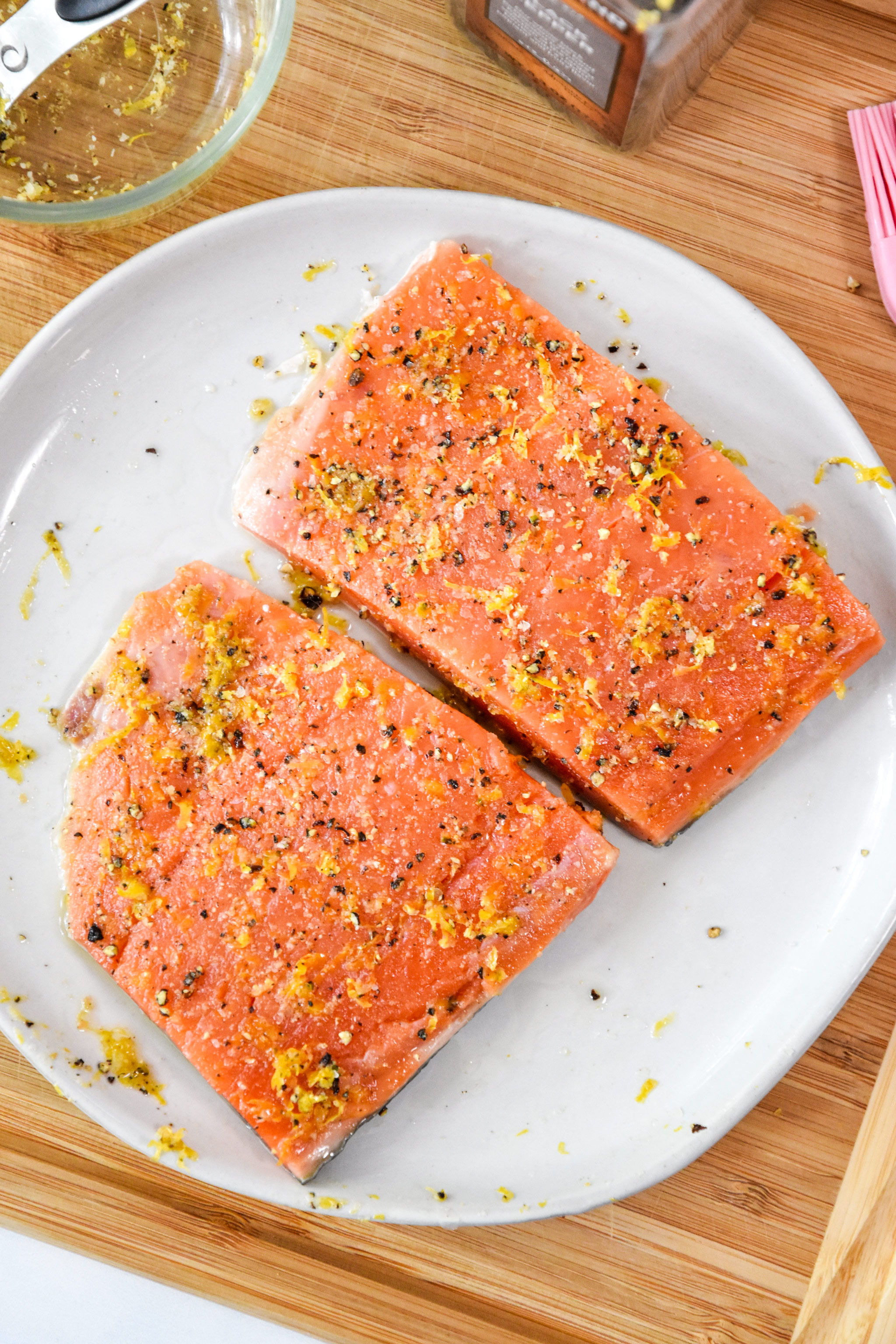 seasoned raw salmon for the air fryer lemon pepper salmon recipe.
