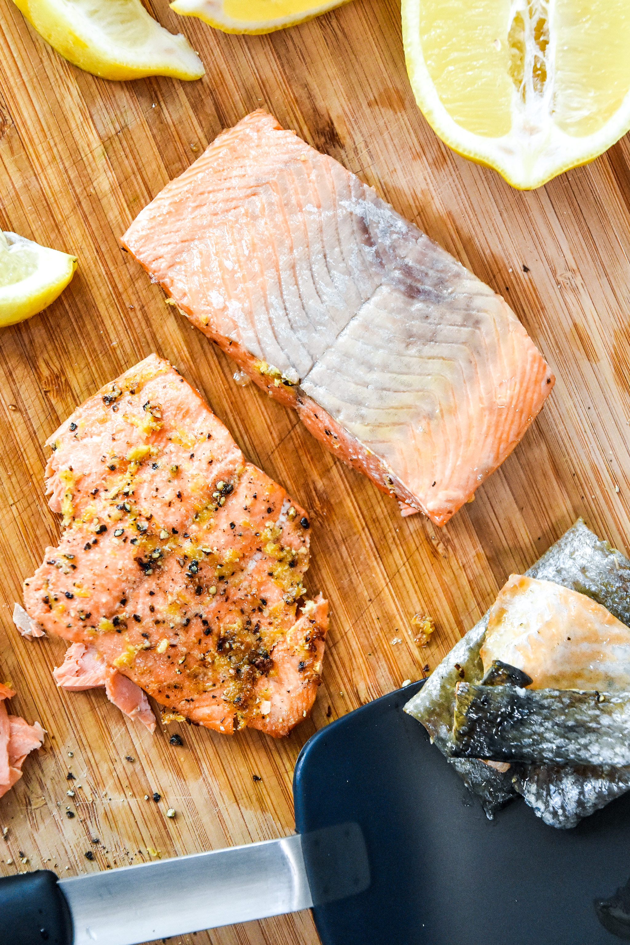 easily remove the skin from the cooked air fryer lemon pepper salmon.