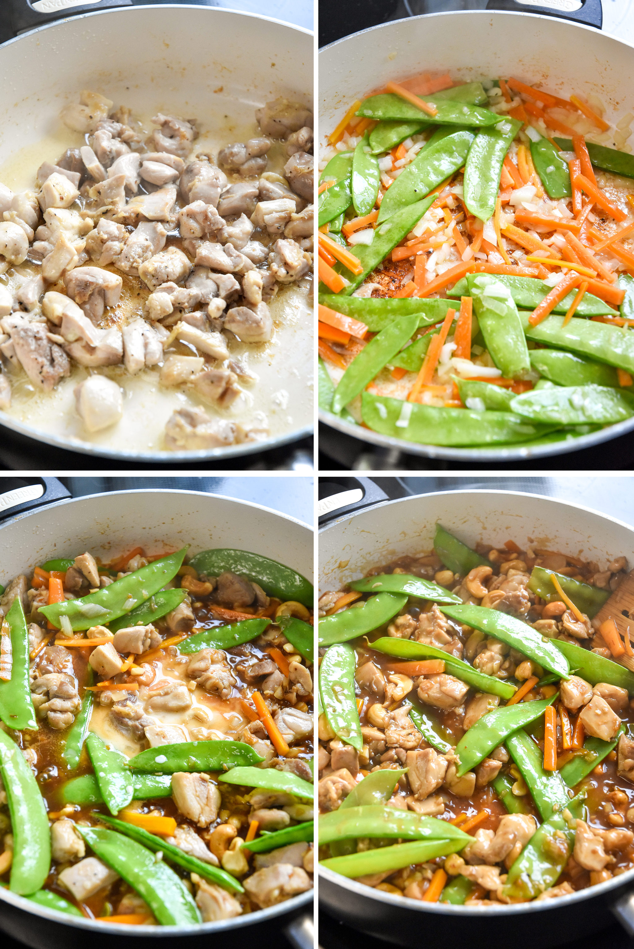 step by step of cooking the easy cashew chicken meal prep in a skillet on the stovetop.