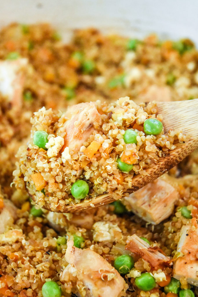 spoonful of chicken quinoa fried rice just cooked.