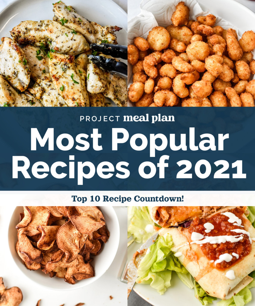 most popular recipes of 2021 cover image with text and 4 photos.