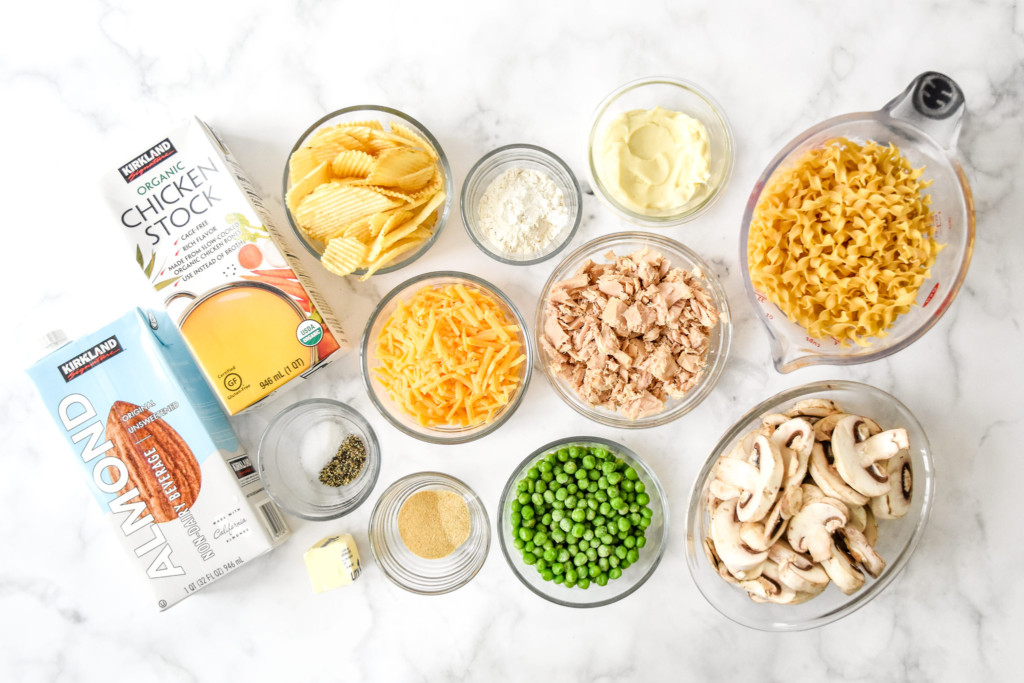 ingredients in glass bowls to make the freezer-friendly tuna noodle casserole.