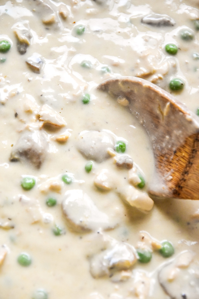 creamy delicious mushroom sauce for the freezer-friendly tuna noodle casserole.