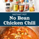 vertical pin image with title for no bean chicken chili including ingredients and bowl of chili.