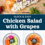 pinterest image for easy chicken salad with grapes on a croissant and step by step images.