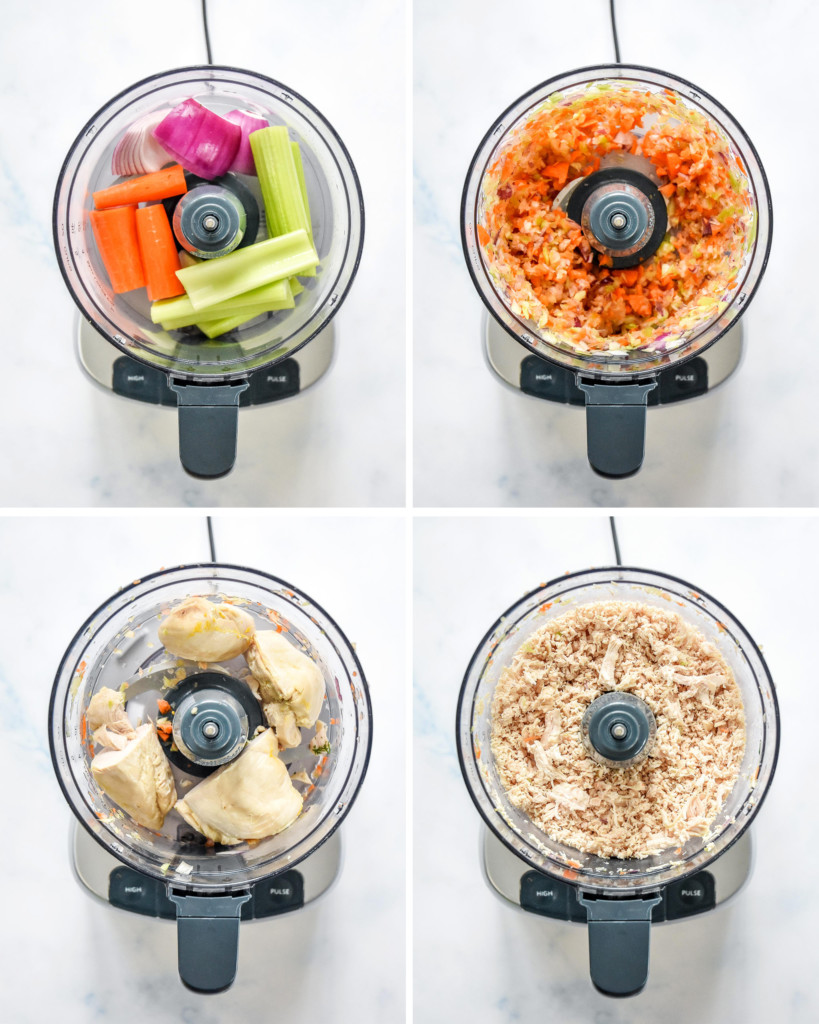 step by step images of chicken and veggies in a food processor to make easy chicken salad with grapes.
