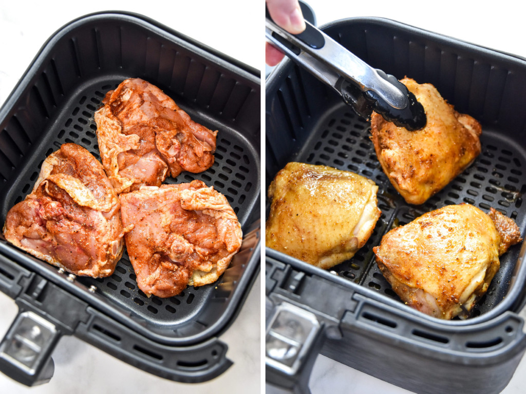 side by side of cooking the air fryer bone-in crispy chicken thighs raw and halfway through cooking.