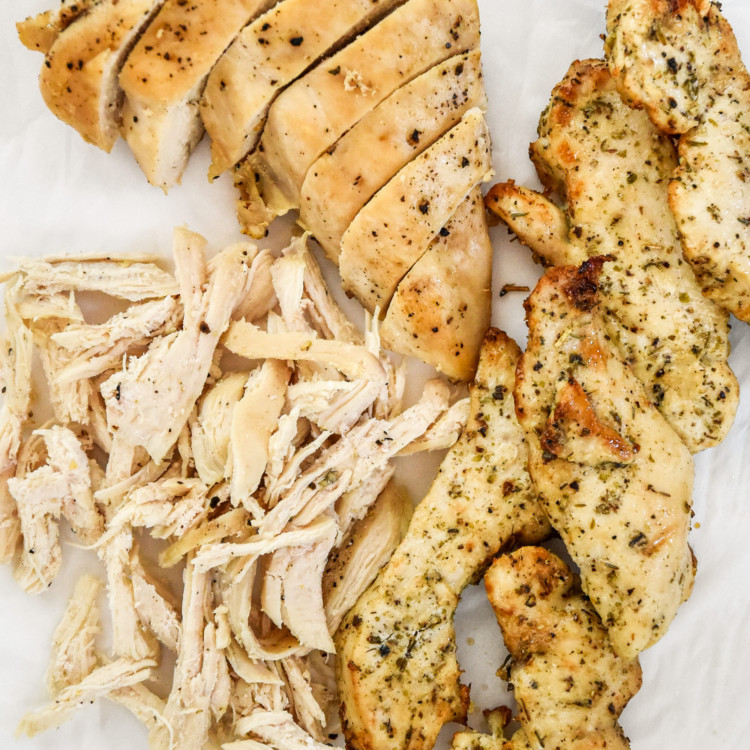 shredded and sliced cooked chicken made in three different ways.