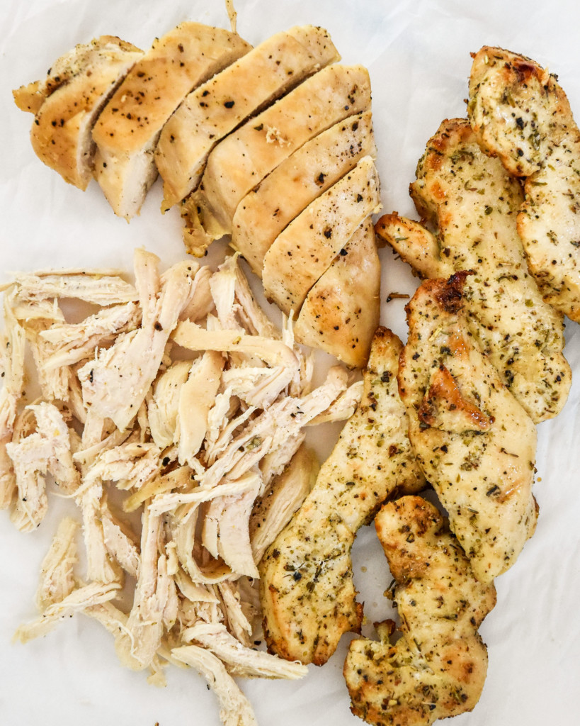 shredded and sliced cooked chicken made in three different ways.