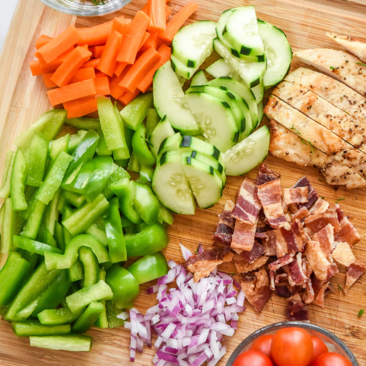 all ingredients prepped and cut up for the go-to chicken bacon ranch salad.