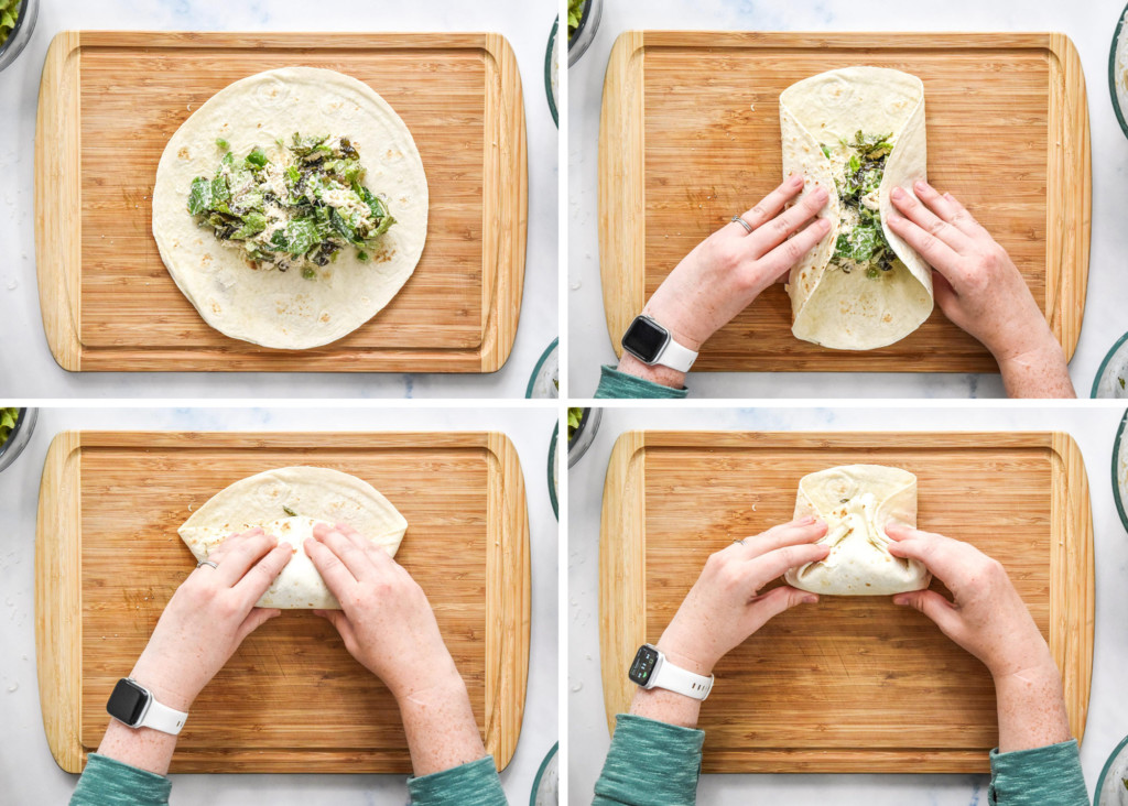 step by step of rolling the caesar chicken salad lunch wraps.