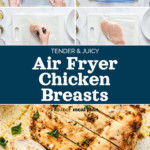 pin image for juicy air fryer chicken breasts recipe.