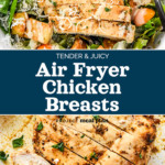 pin image for juicy air fryer boneless chicken breasts.