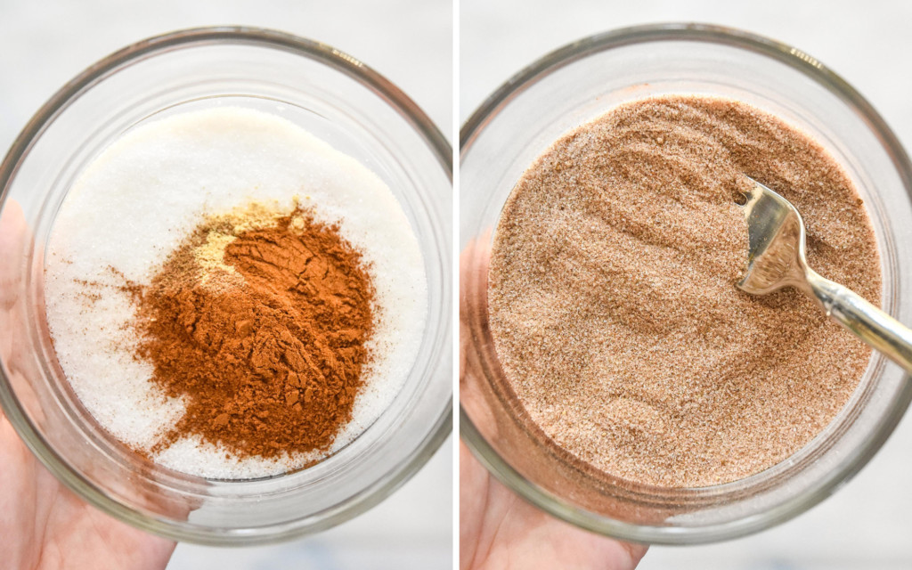 before and after of mixing cinnamon sugar.
