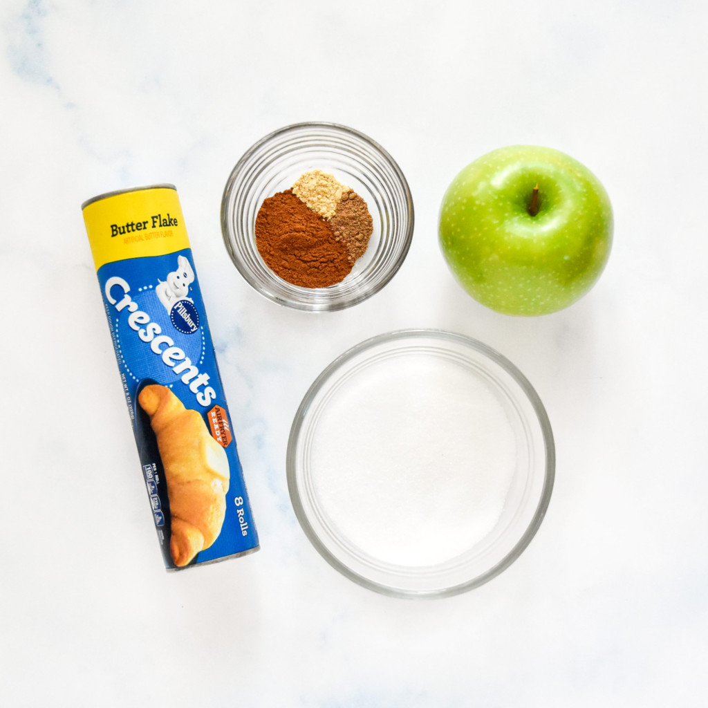 ingredients laid out on a counter to make the air fryer apple pie crescent rolls.