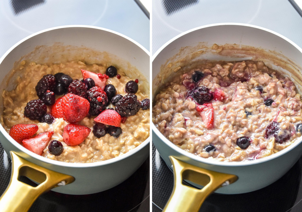 final steps side by side of cooking the oatmeal and adding frozen berries.