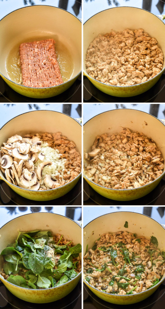 step by step of cooking the meat and veggies for the spinach feta chicken sausage breakfast casserole.