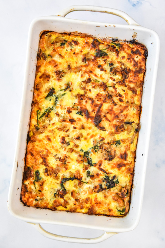 spinach feta chicken sausage breakfast casserole fresh out of the oven.